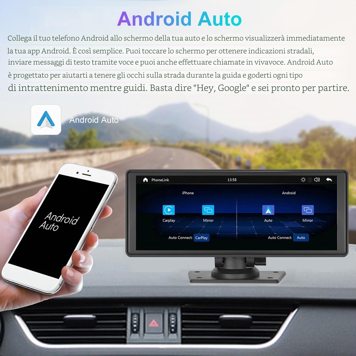 Autoradio portatile con Wireless CarPlay e Android Auto, lettore multimediale touchscreen HD IPS da 9,3" con supporto per telecamera di backup a 12 LED Trasmettitore FM MirrorLink Bluetooth