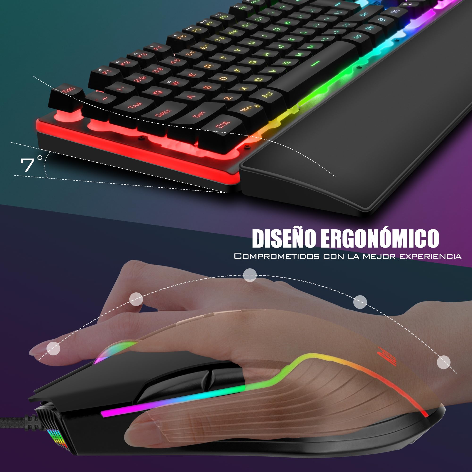 RedThunder K10 Juego 3 en 1 de Teclado, Ratón y Reposamuñecas de Cuero, Retroiluminación RGB + Tacto Mecánico, Teclas Anti-Ghosting + Ratón 7D 7200DPI, Layout Español, Compatible con PC/PS5/Xbox Negro
