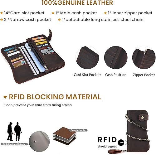 Miniatura 3 de JOYIR Billetera larga de cuero genuino vintage para hombre con cadena, carteras de bloqueo RFID para chequera, tarjetas de crédito, Café, Vintage
