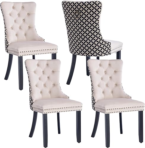 Miniatura 37 de Juego de 4 sillas de comedor de terciopelo, sillas de comedor tapizadas con ribete de cabeza de clavo, patas de madera, anillo de tracción, sillas