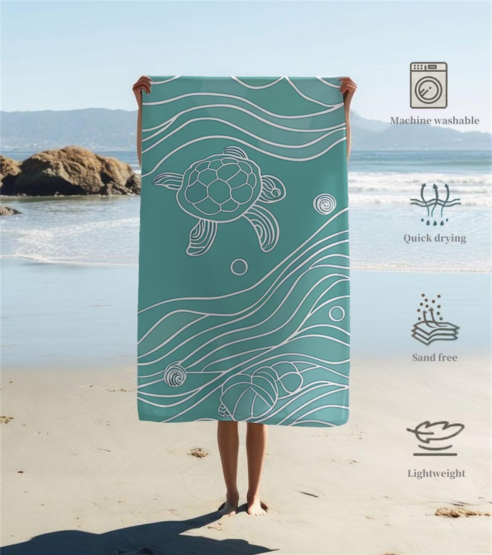 Strandtuch Schildkrötenwellen Mikrofaser Handtuch Groß 220 x 100 cm, Saunahandtuch Schnell Trocknendes, Sandfreie Stranddecke, Saugfähiges Badetuch, Platzsparende Reisehandtuch, Sauna Zubehör Y1-881