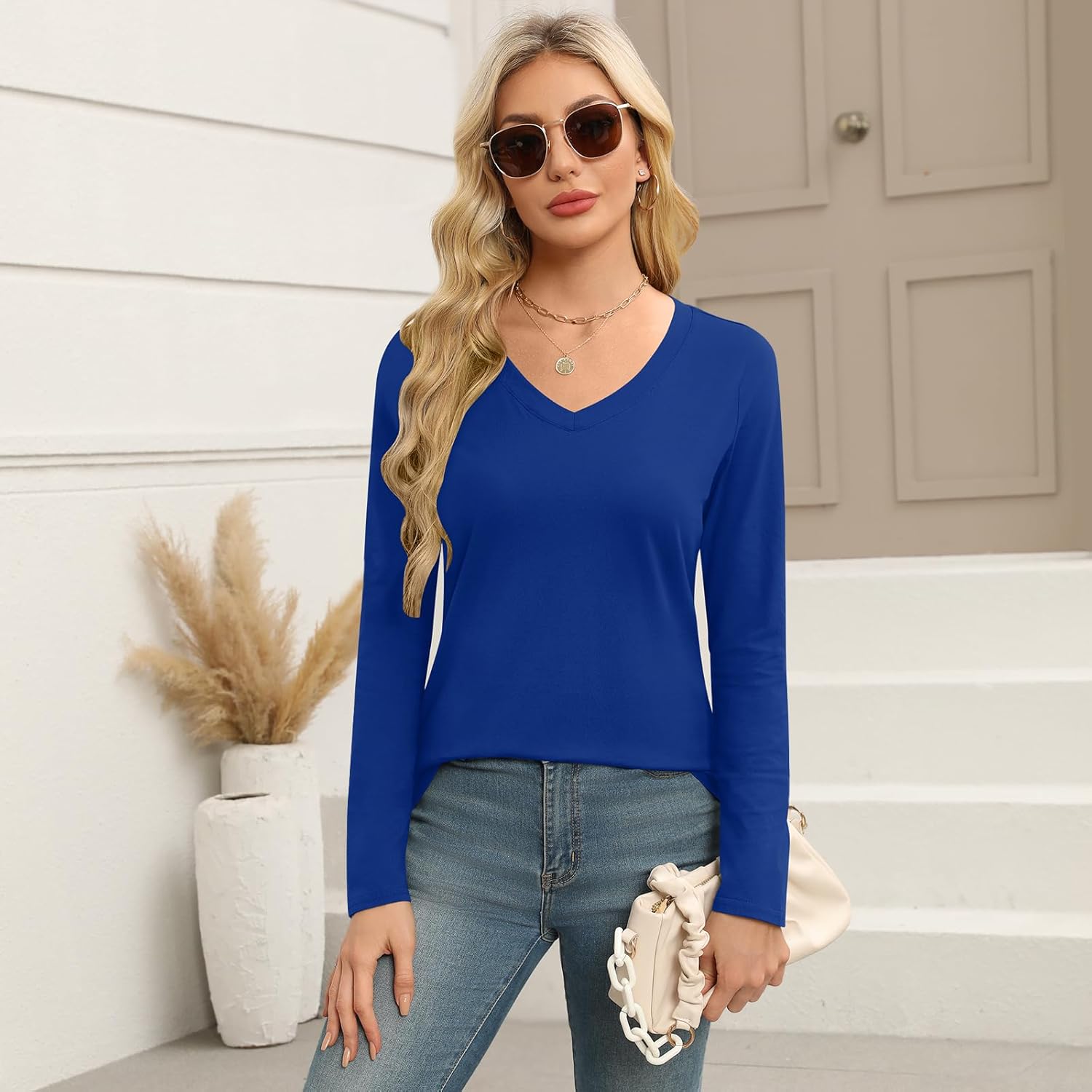 Elesomo Long Sleeve Shirts for Women Cotton Tshirts V Neck Spring Tops Basic Tee - Image 3