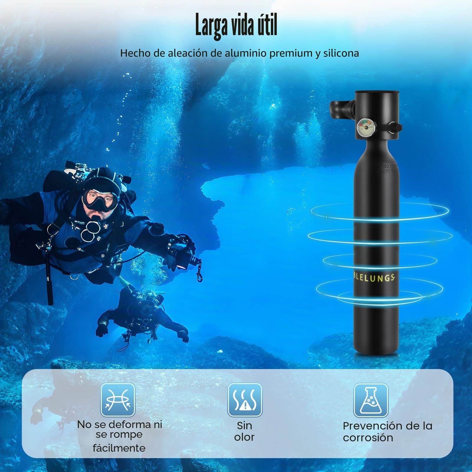 Minibotella de oxígeno de 0,5 l, equipo de buceo portátil con medidor de presión impermeable luminoso, con 15 a 20 minutos, para buceo, rescate de ríos y océanos, ejercicios de buceo