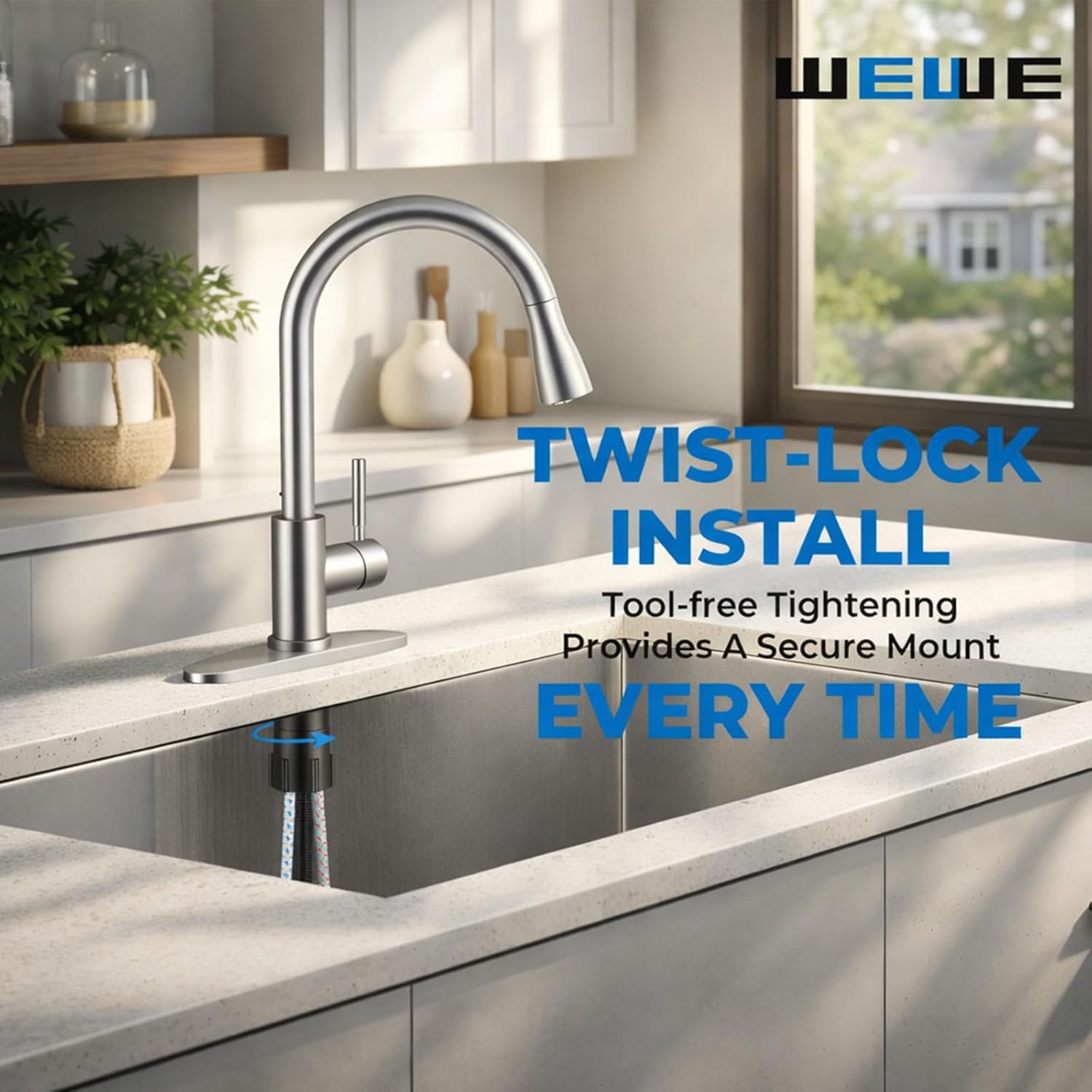 WEWE Single Handle High Arc Brushed Nickel Pull Out Kitchen Faucet,Single Level Stainless Steel Kitchen Sink Faucets with Pull Down Sprayer,Suitable for Laundry Rv Bar