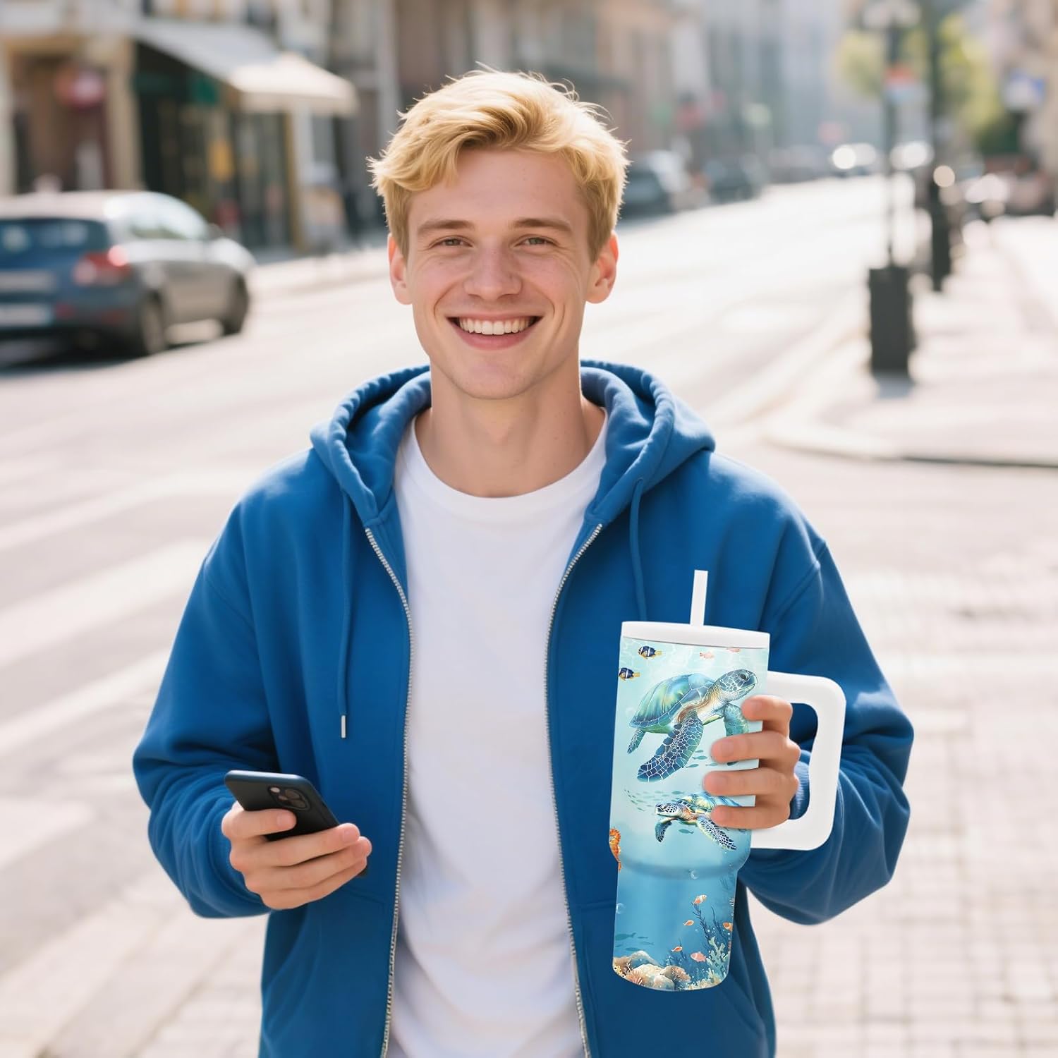 Sea Turtle Gifts - 24 oz Tumbler with Handle and Straw, Insulated Stainless Steel Cup, Leakproof, Blue Ocean Animal Lover Turtle Design Travel Mug for Women Fits Car Cup Holders, Keeps Drinks Cold/Hot - Image 7