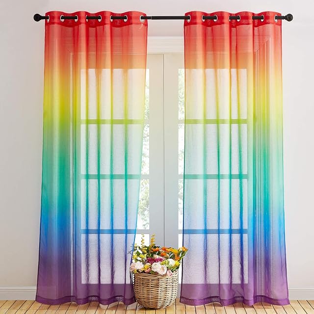 NICETOWN Zasłony welonowe z oczkami - welon lniany efekt świetlny naturalny filtr wielokolorowy elegancki gradient dekoracyjny do salonu, sypialni, 140 x 245, tęcza, 2 szt