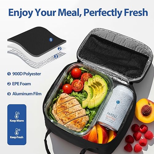 Miniatura 4 de Aosbos Lonchera aislada para adultos Elegante lonchera acolchada pequeña para el trabajo, oficina, bolsa de almuerzo suave y portátil, color negro