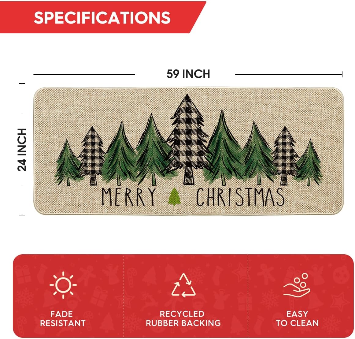 Artoid Mode Merry Christmas Trees Christmas Doormat, Home Decor Winter Christmas Holiday Low-Profile Floor Mat Runner Rug for Indoor Outdoor 24x59 Inch