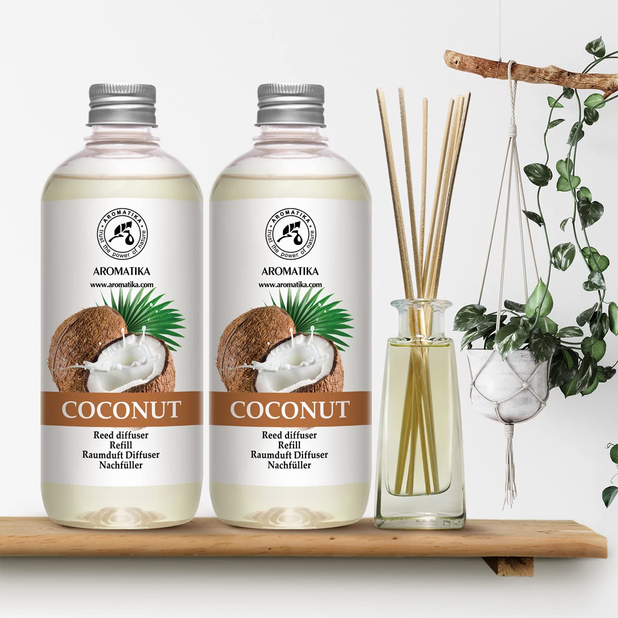 Ricarica per Diffusore di Cocco 2x500ml per Aromaterapia - Fragranza per Casa - Deodorante per Ambienti - Reed Diffuser Refill - Fragranza Intensa e Duratura - Fragranza Cocco