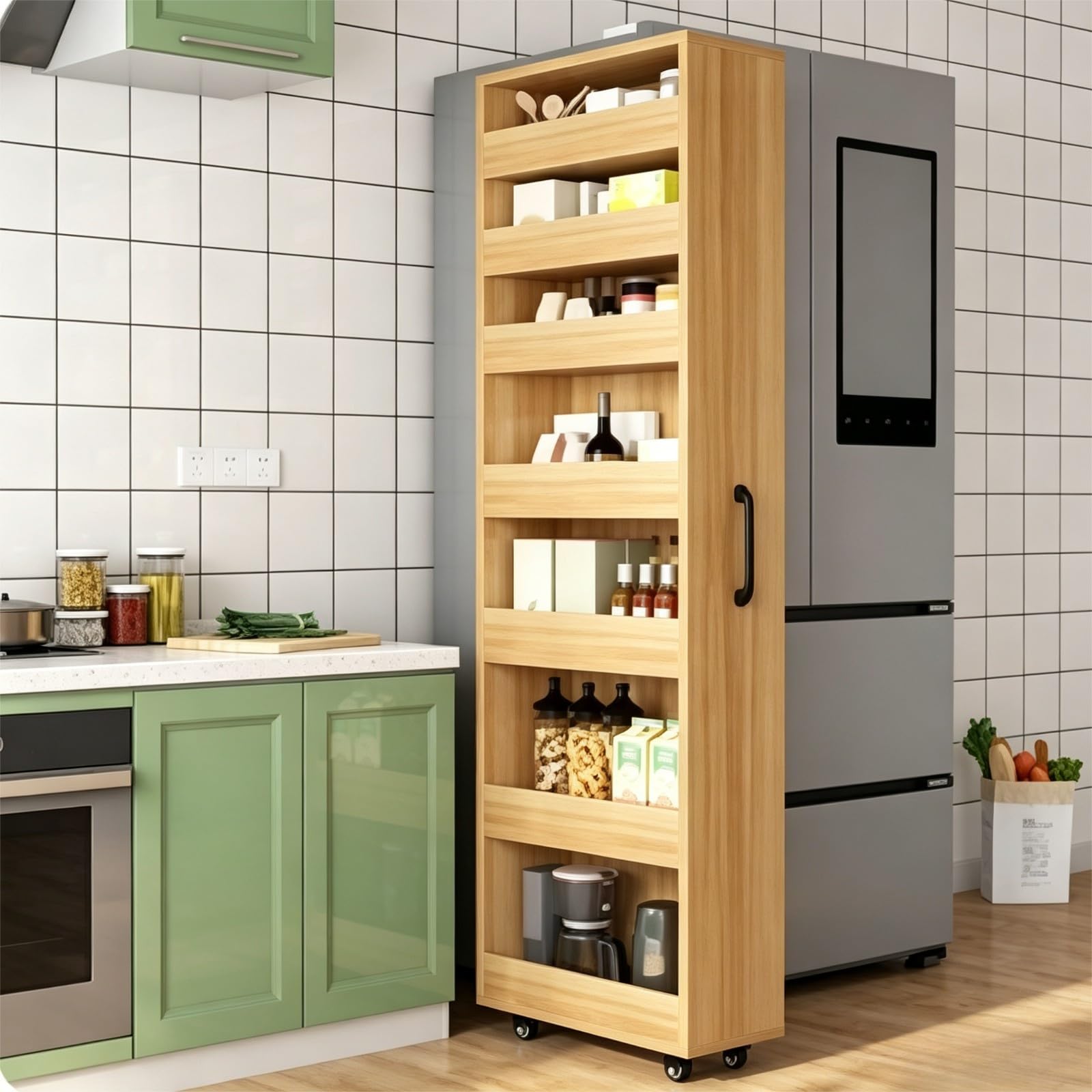 Carrello Slim con Ruote, Scaffale Stretto in Legno per Cucina e Bagno