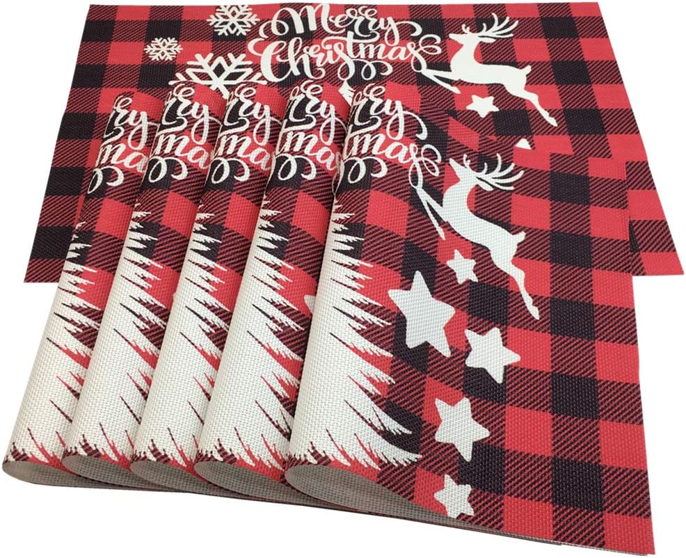 WAZAIGUR Placemats Set of 6 Red and Black Plaid Christmas Tree Snowflake Five-Pointed Star Reindeer Non-Slip and Heat Resistant PVC Kitchen Table Mats