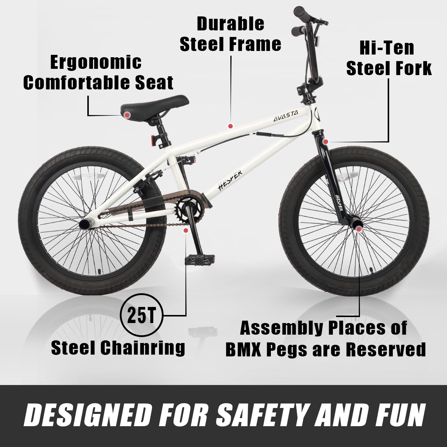 AVASTA Hesper-K 20 Zoll Freestyle BMX-Fahrrad mit Gyro und 4 Pegs – für Kinder von 6 bis 14 Jahren, Jugendliche und Einsteiger