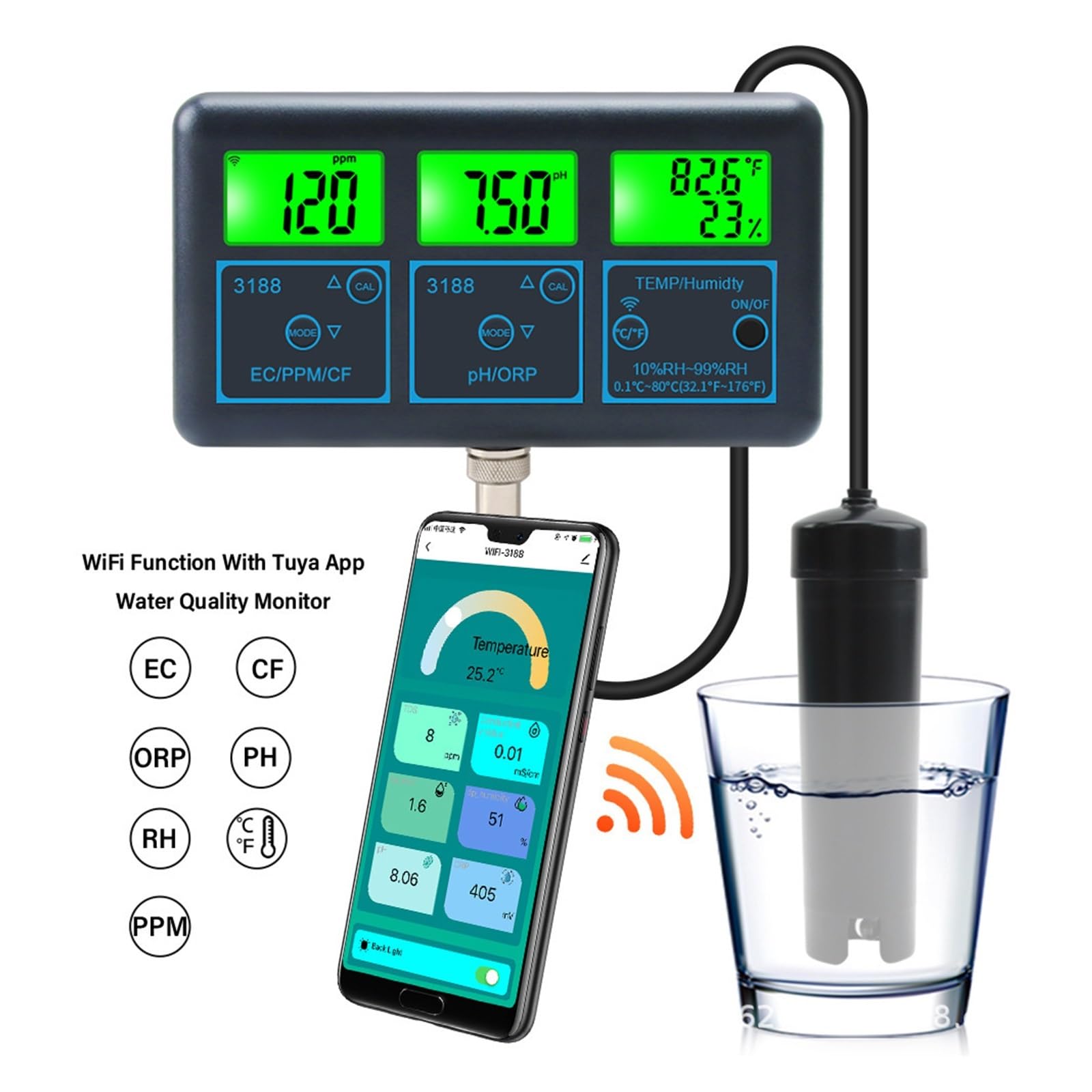 Tester TDS, Tester di qualità dell'Acqua 7 in 1 abilitato, Monitor Digitale Temperatura e umidità PH TDS ORP EC CF for Acquario