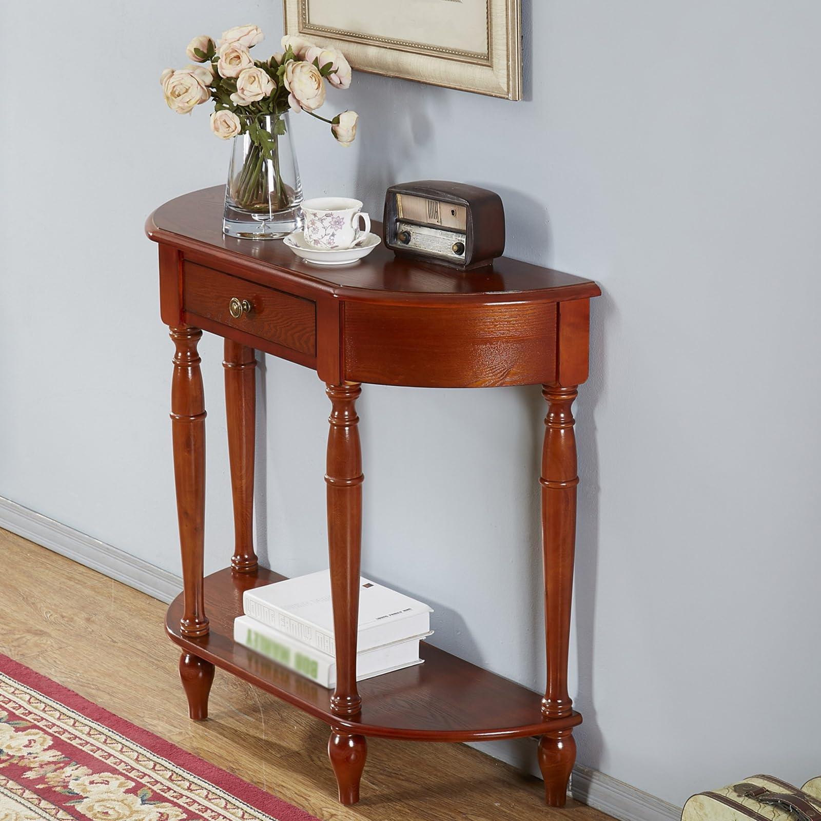 Mesa consola de media luna de madera maciza, mesa de entrada con cajón de almacenamiento, mesa de sofá semicircular para decoración de pasillo y entrada