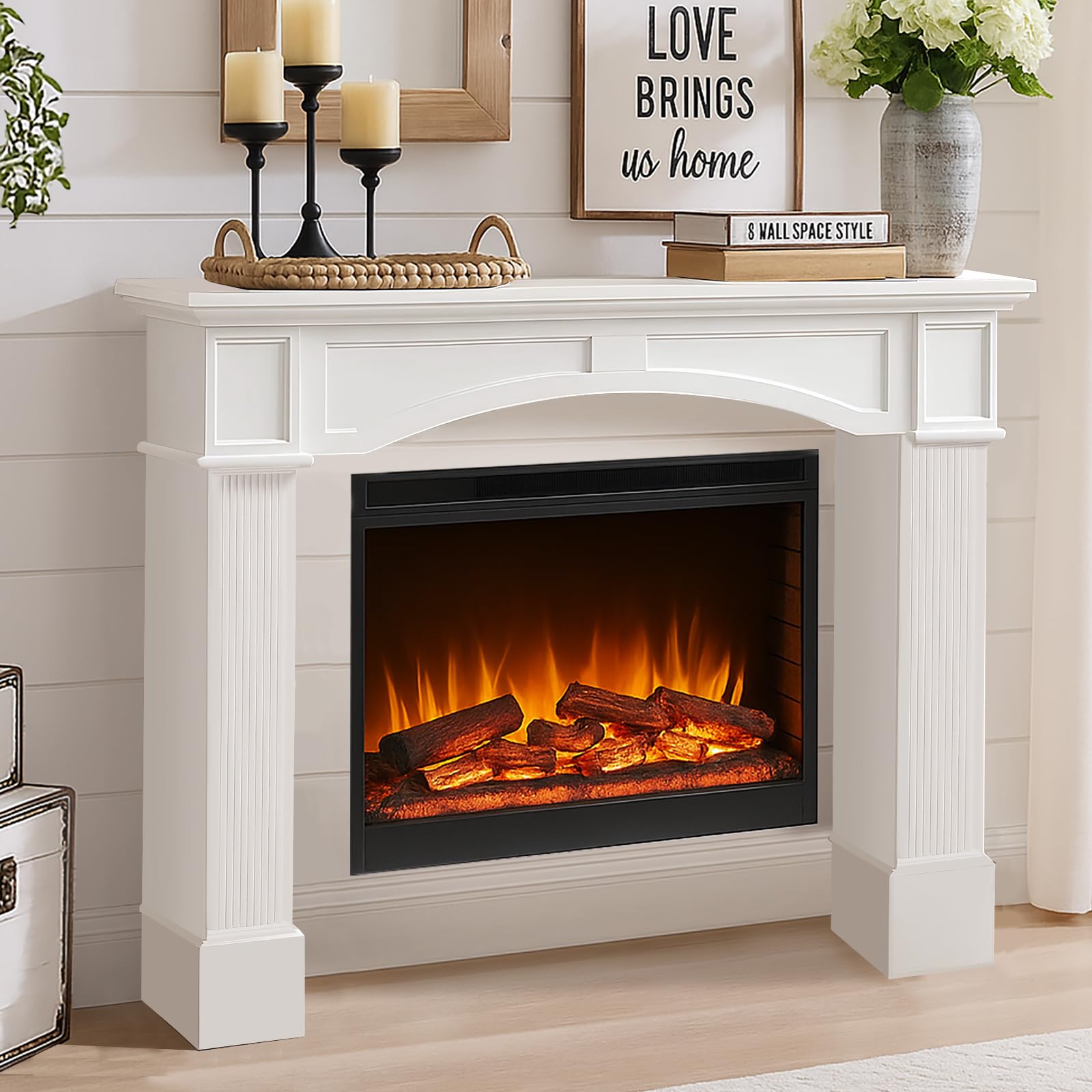 HOMEDIARY 43.3" Fireplace Mantel, Freestanding Fireplace Surround with Leg for Electric Fireplaces, MDF Mantel Surround with Shelf for Living Room with Decorative Pattern, Anti-Tipping &amp; Waterproof