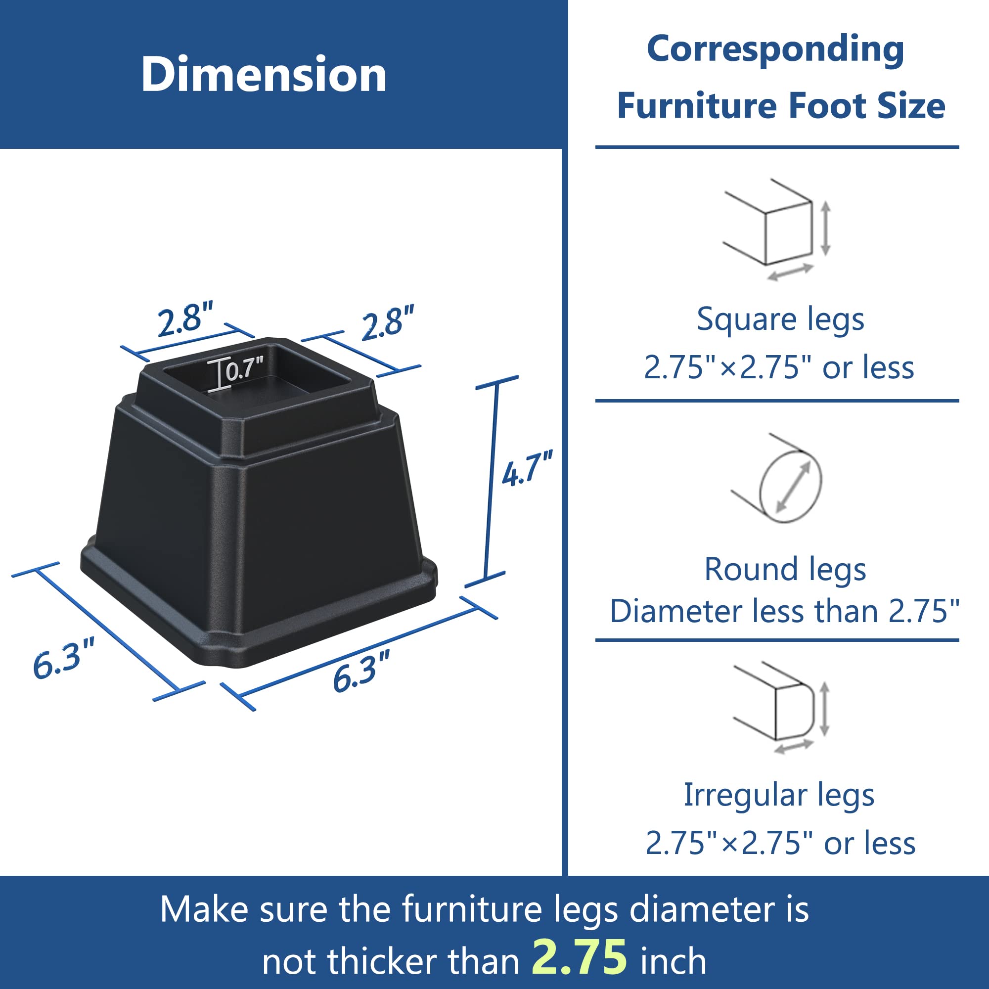 Elevadores de cama de 4 pulgadas resistentes, elevadores de muebles para marco de cama, sofá, escritorio, silla, levanta hasta 1.5 libras, juego de 8, negro