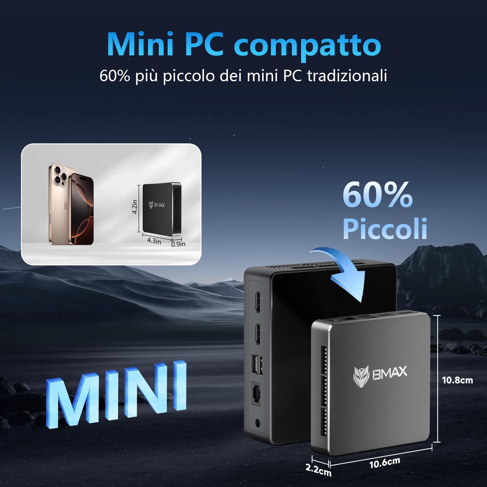 BMAX Mini PC 12th Ιntel Alder Lake Ν95(fino a 3,4 GHz),12GB LPDDR5 256GB SSD Mini Computer, Doppia Gigabit Ethernet/Dual Display HDMI/BT 5.0/2.4+5G WiFi/Office Desktop PC