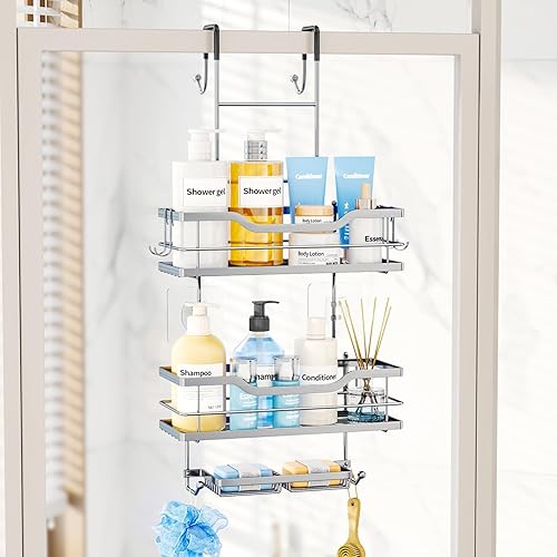 Miniatura 8 de Consumest Organizador de ducha sobre la puerta, estantes de ducha de 3 niveles para colgar con soportes para jabón, organizador de ducha de gran