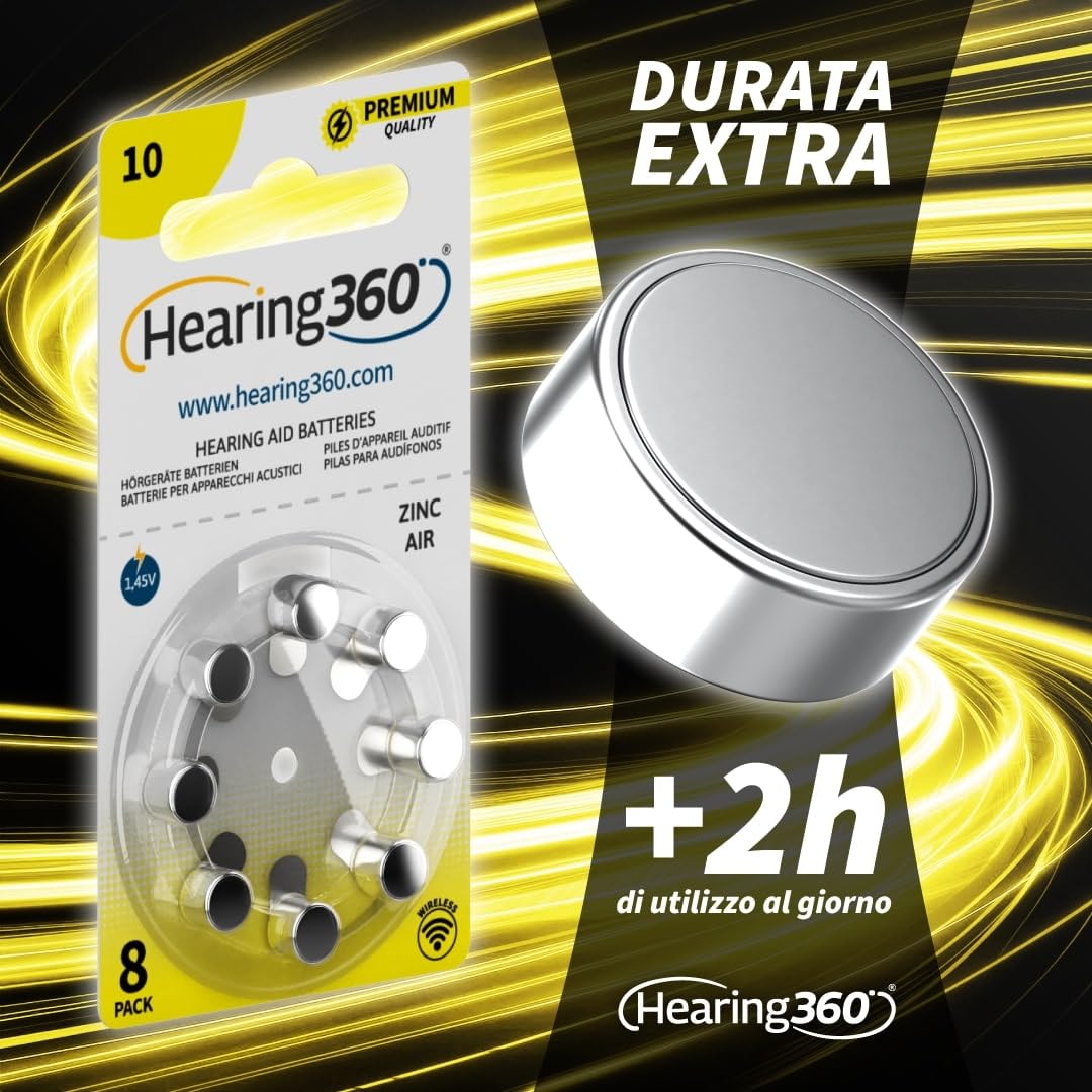 120 batterie per apparecchi acustici misura 10 qualità premium, durata extra, compatibili con tutti i modelli, senza mercurio (15 blister da 8 pile)