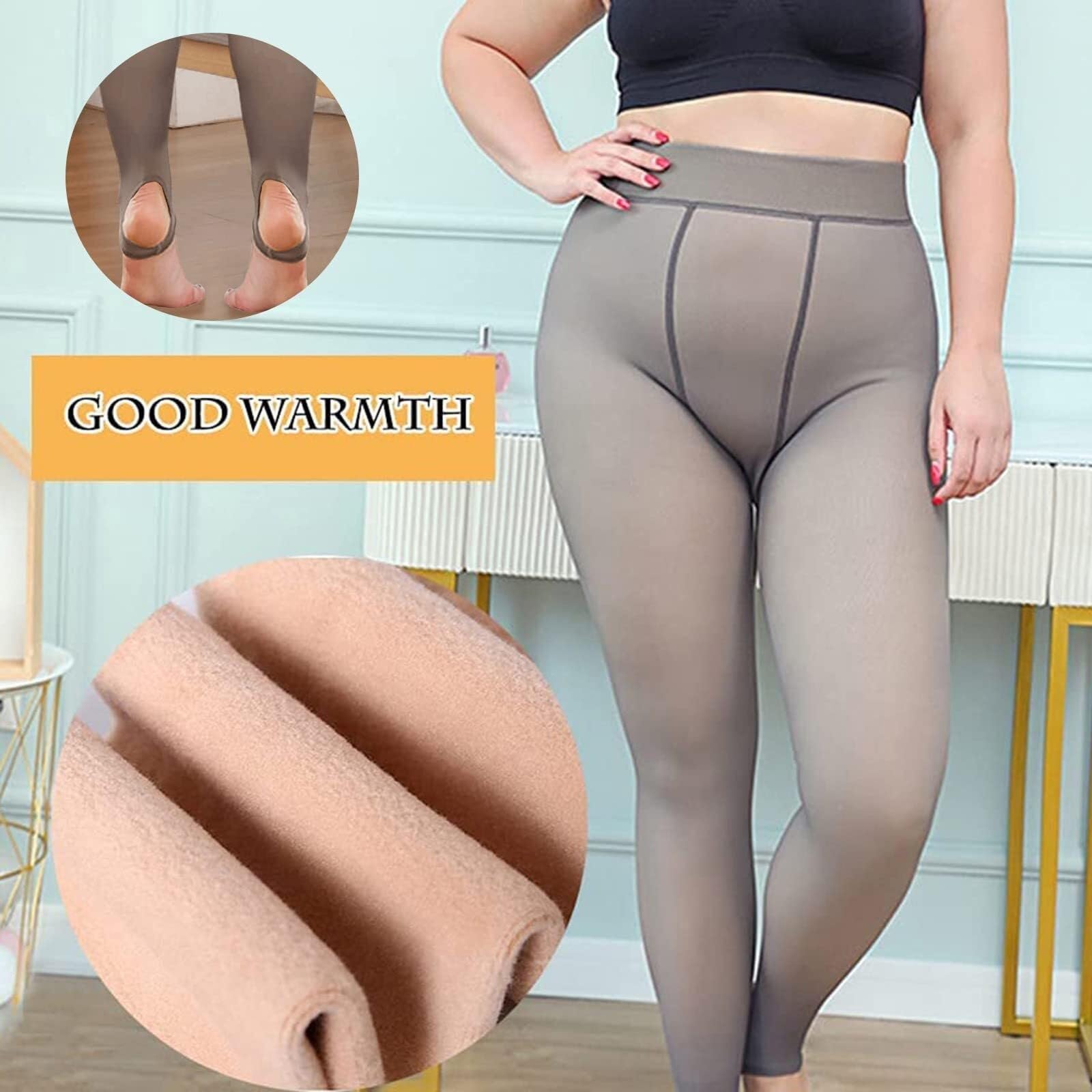Leggings da Donna, Collant Termici, Collant Invernali in Pile Finto Traslucido, Pantaloni Elastici Caldi Invernali Foderati in Pile Spesso(Brown-Step On-2pcs,320g)