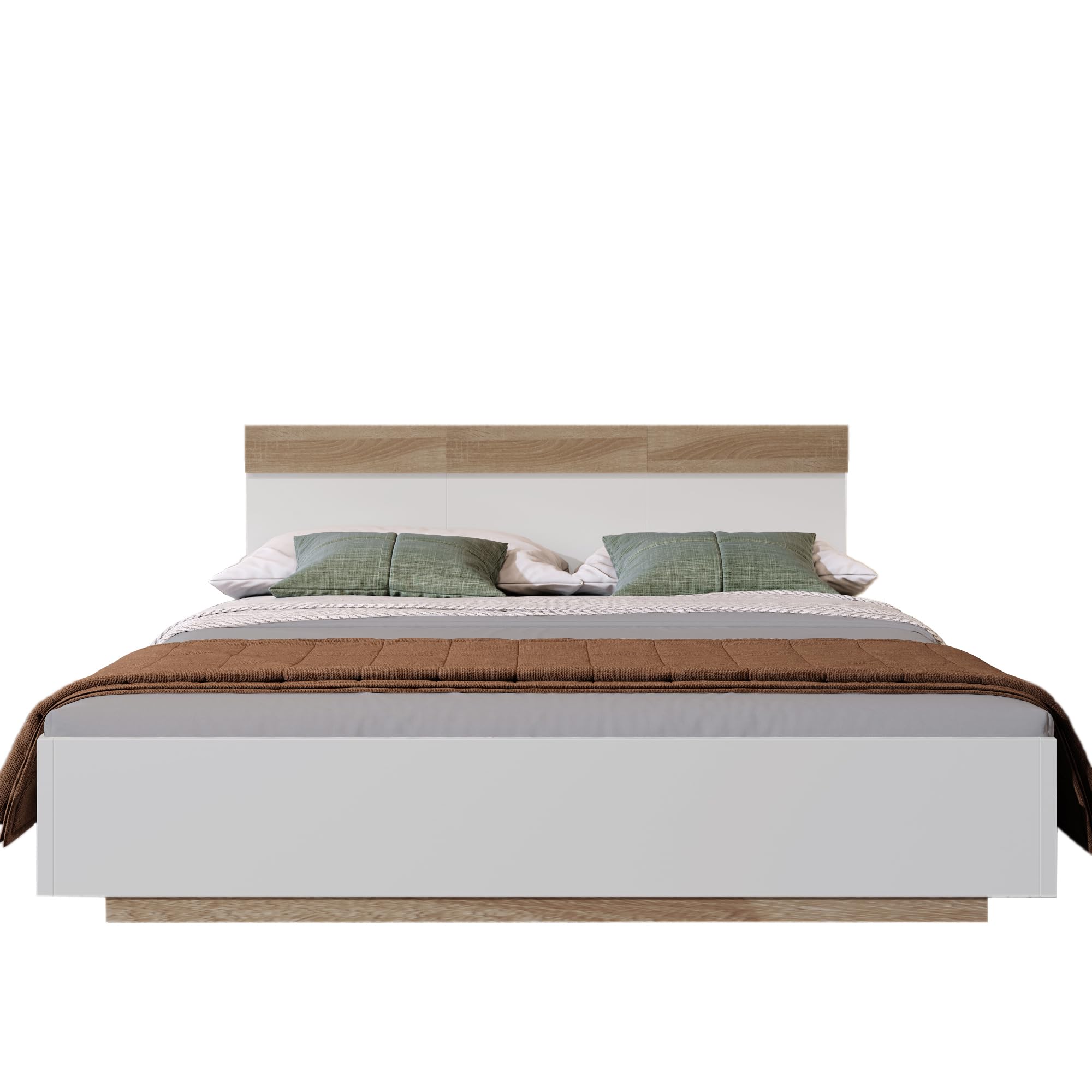 Kayan Holzbett Doppelbett 180x200 cm, Schwebebett mit Kopfteil aus Bettgestell &Lattenrost, Eiche Sonoma/Weiß, Ohne Matratze (180x200cm)