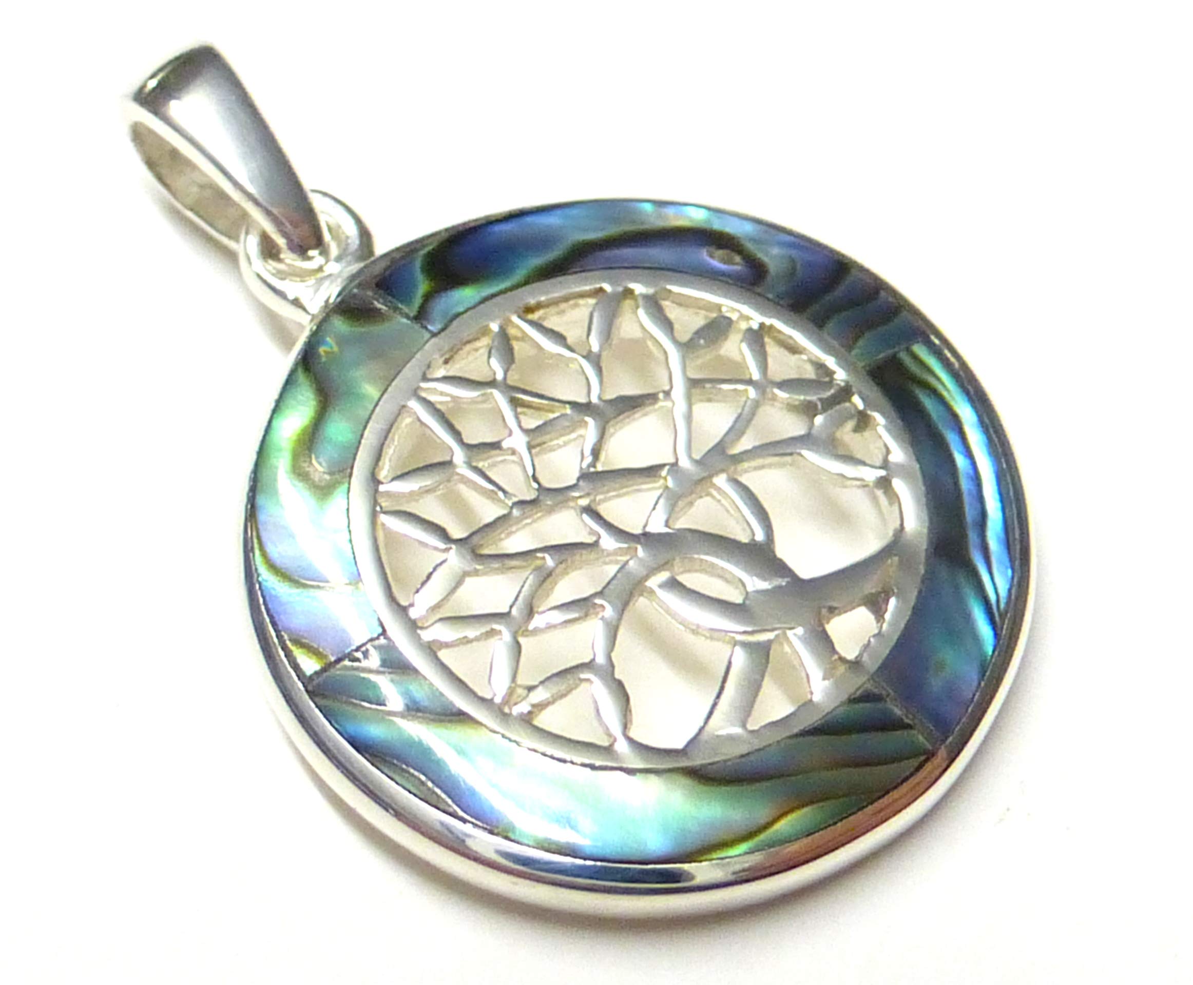 Pendentif en argent sterling avec motif « arbre de vie » avec coquille d'ormeau - En argent sterling - Symbole de protection - B