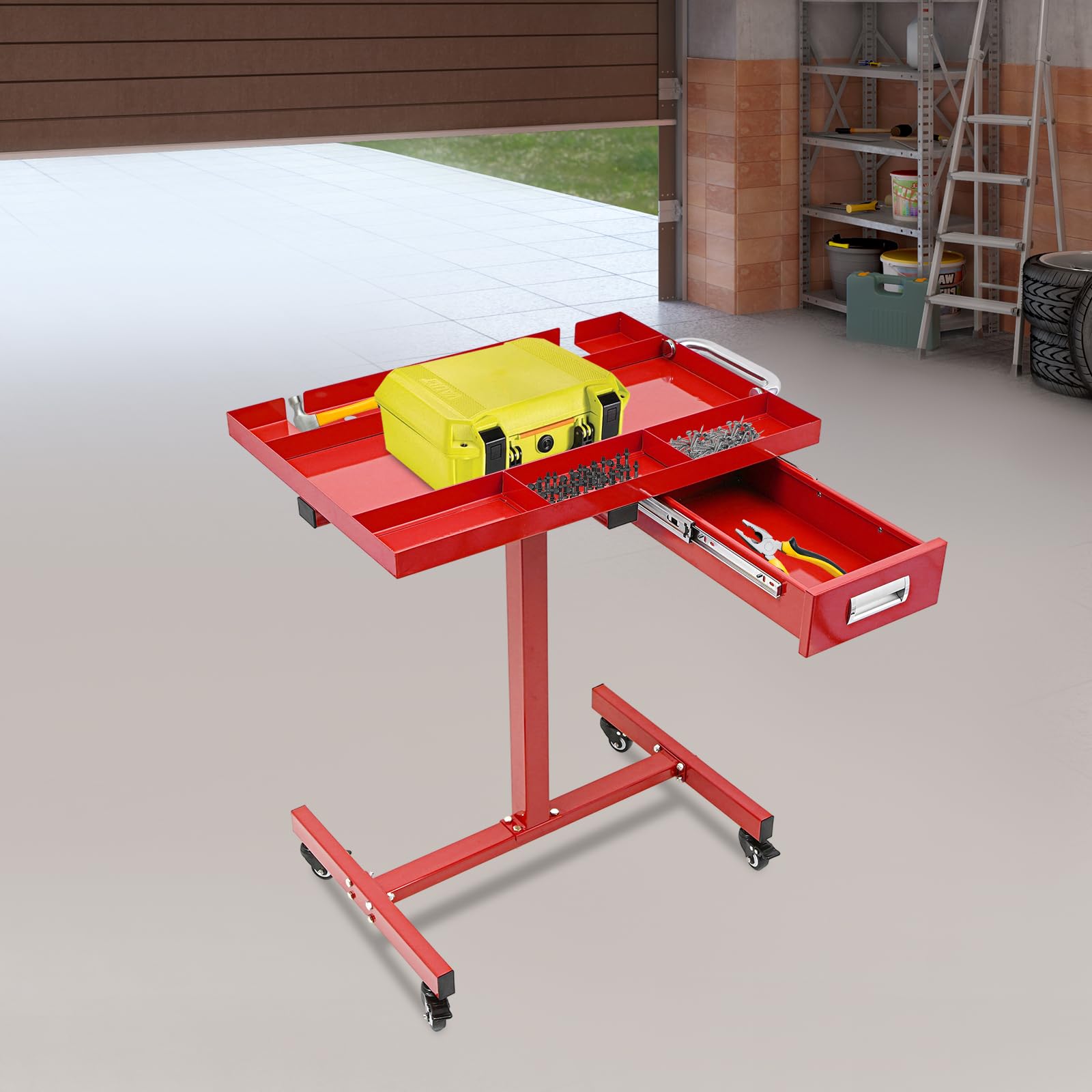 Chariot à outils sur roulettes avec tiroir | Table de travail mobile pour garage et atelier | Construction en acier, 4 roulettes de frein, capacité de charge de 100 kg et plateau de rangement (rouge)