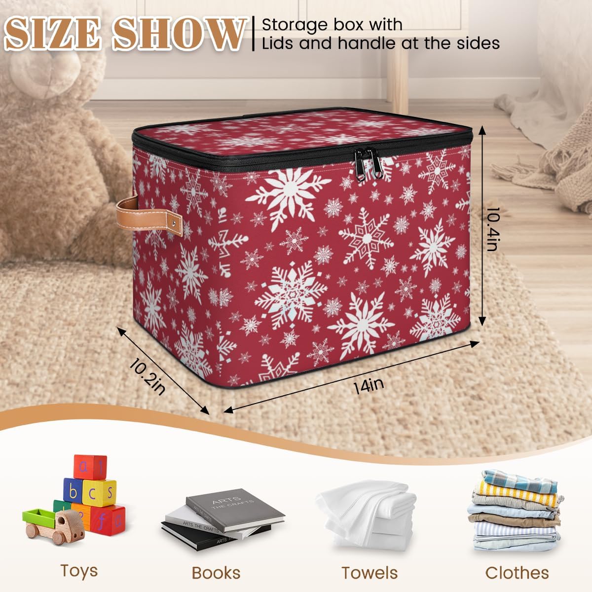 Storage Bin Set of 2 Snowflake Winter Storage Basket with Zipper Lid & Handle Foldable Closet Shelf 2 Pack Cloth Organizer Basket Cube Bins for Bedroom, Nursery