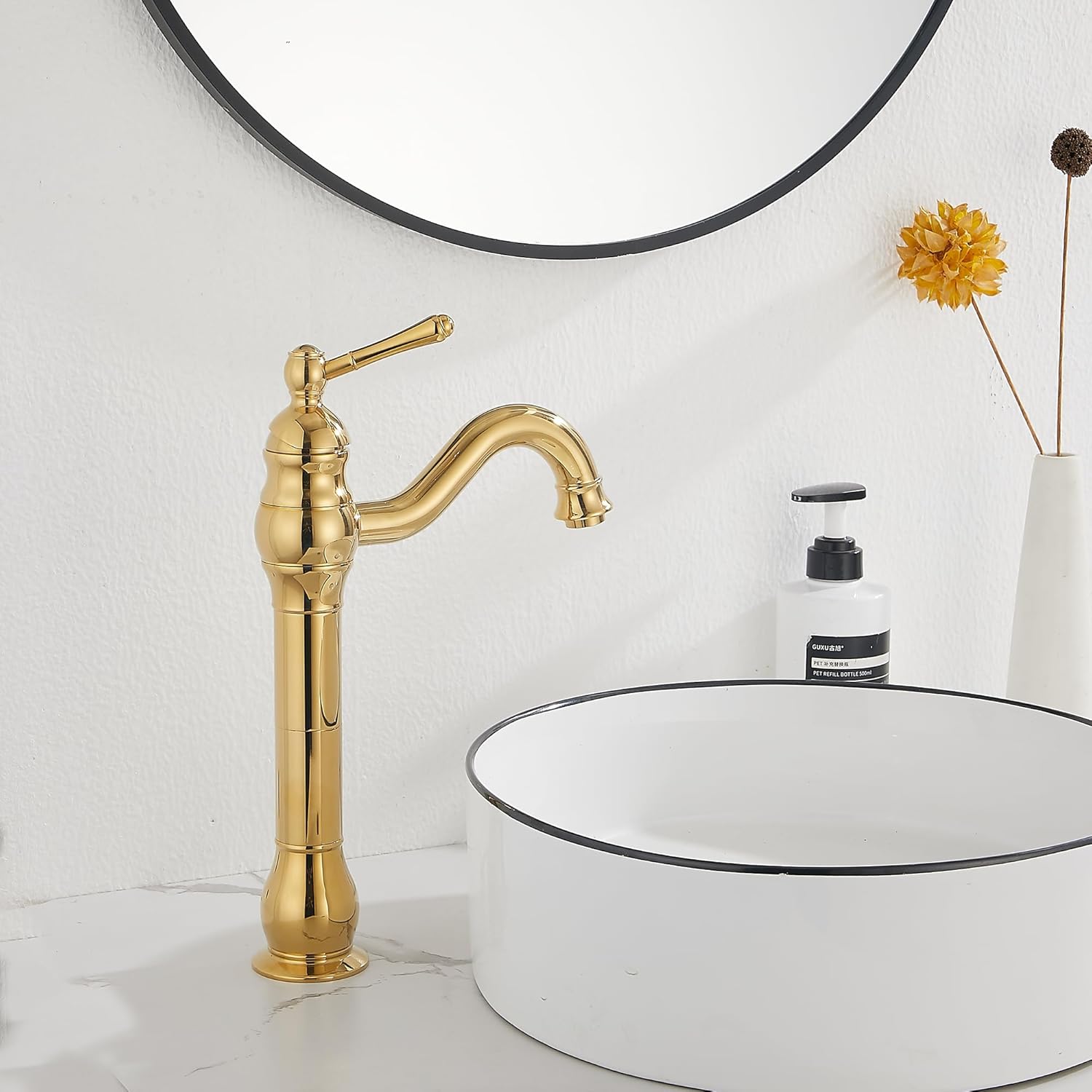 GGStudy 360 Swivel Single-Handle One Hole Bathroom Vessel Sink Faucet Matching Pop Up Drain Polished Gold Farmhouse Vanity Faucet