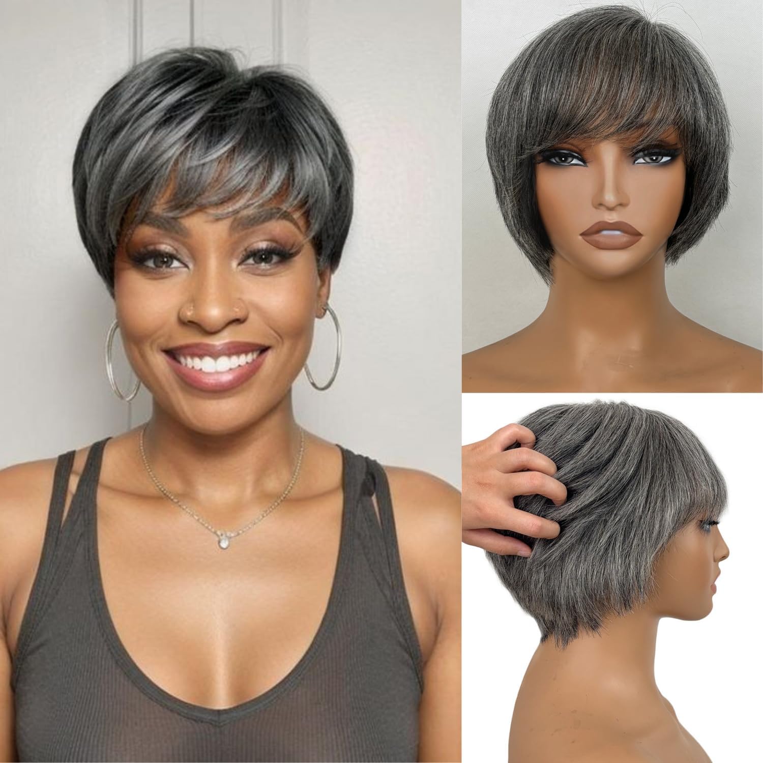 Photo 1 of Elixano Salt and Pepper Grey Pixie Cut Wigs Human Hair for Women with Bangs Lace Front Short Straight Real Hair Wig for Daily Use and Parties (Grey,6 Inch)