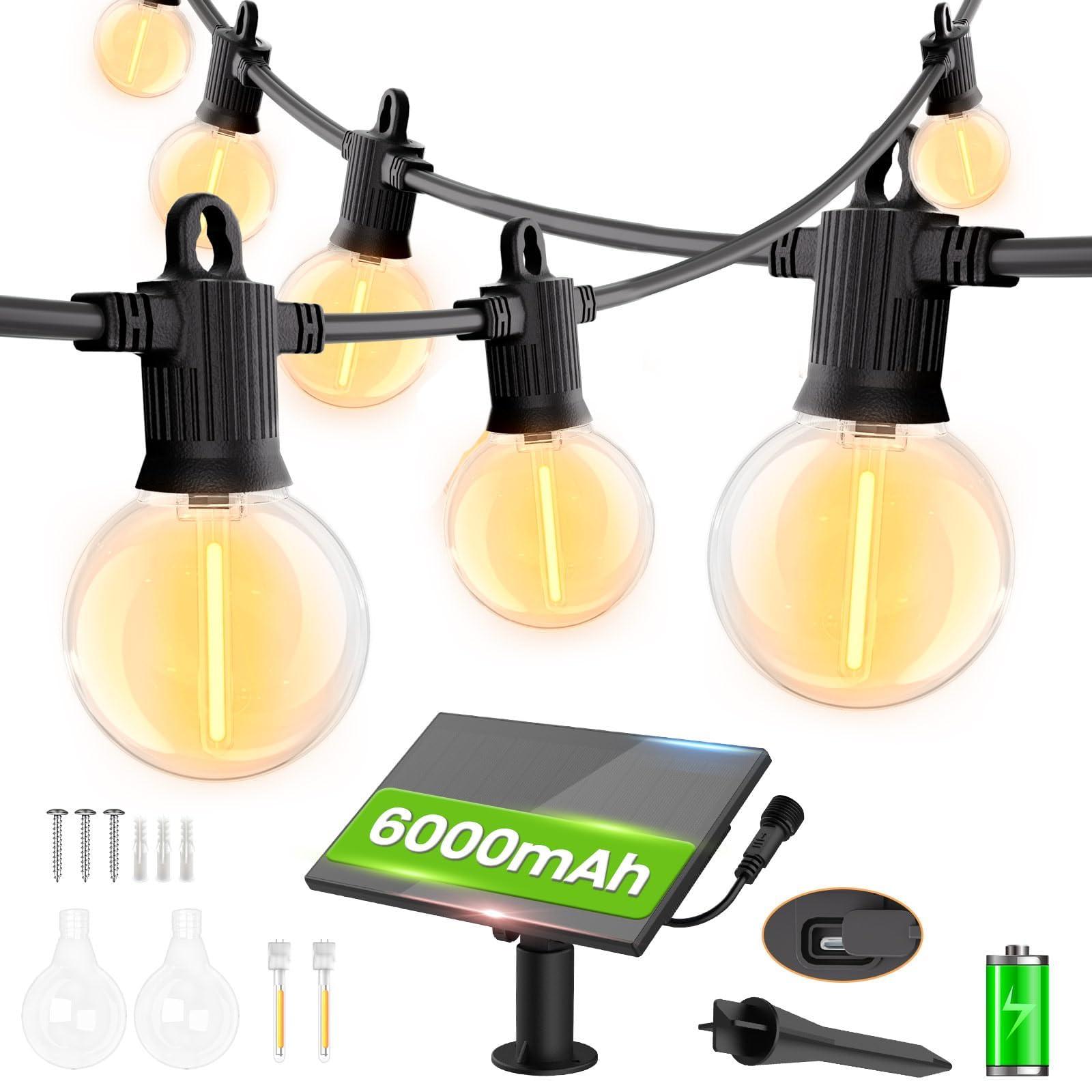 ZOTOYI 30M Solar LED Lichterkette Glühbirnen, Lichterkette Außen Solar mit 40+2 G40 Birnen IP65 Wasserdich 4 Modi Outdoor Solarlichterkette Glühbirne für Innenhof Garten Hochzeit Terrasse(Warmweiß)
