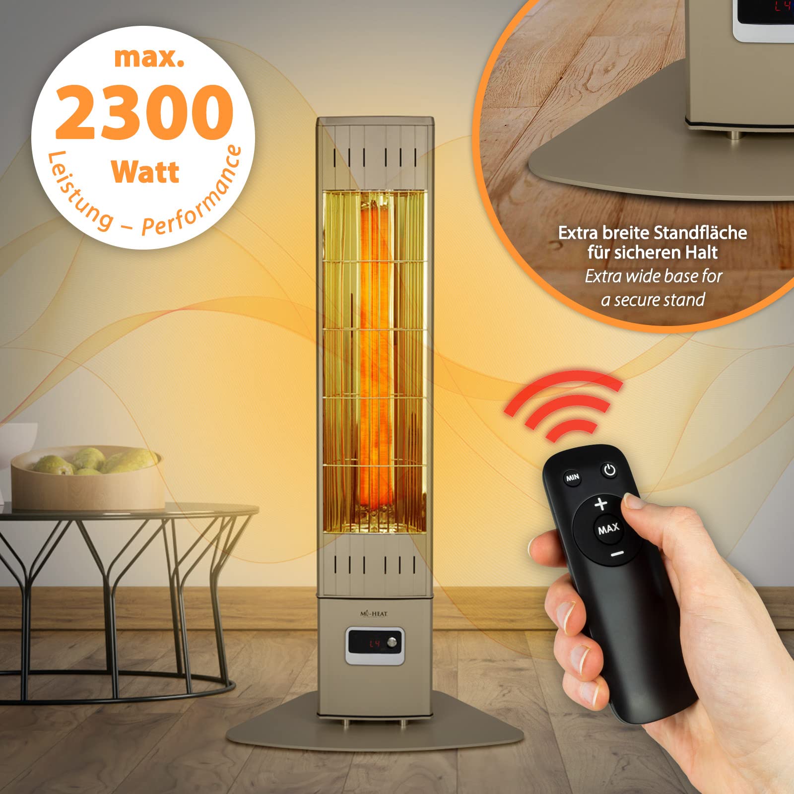 Mi-Heat SIH-2300R stojący promiennik podczerwieni ogrzewacz tarasowy, 2300 W, 4 stopnie grzania, pilot zdalnego sterowania, w pełni metalowa obudowa, IP65 Outdoor