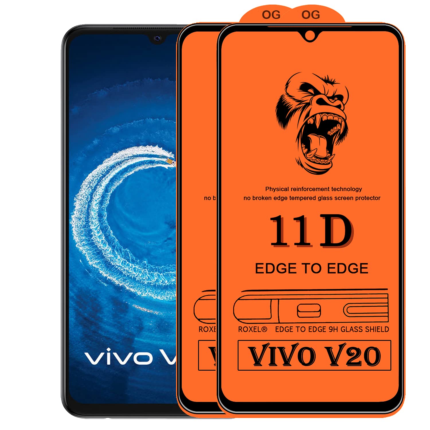Roxel 11D Edge To Edge Gorilla Tempered Glass Compatible for Vivo V20 (Black) [ 11D Tempered Glass, Impact Absorb, Full Adhesive Glass, With Installation Kit ] (Pack of 2)