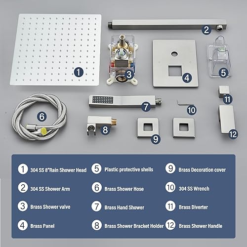 Miniatura 7 de Juego de grifo de ducha de níquel cepillado con cabezal de ducha de lluvia de 12 pulgadas y rociador de mano montado en la pared con válvula