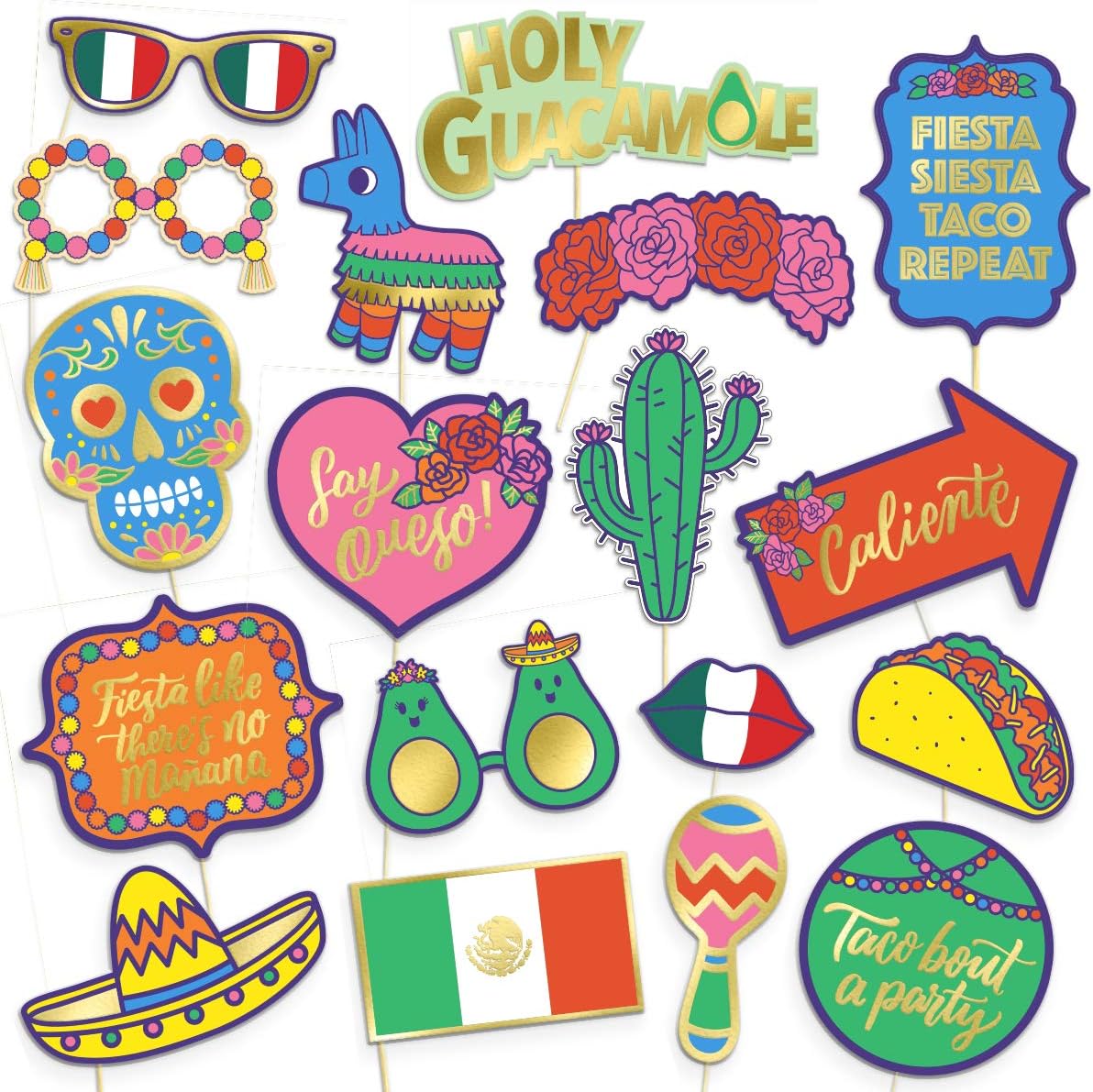 xo, Fetti Fiesta Photo Booth Props - 25 pieces, pre-assembled - Cinco De Mayo Decorations, Final Fiesta Bachelorette + Mexican Decor