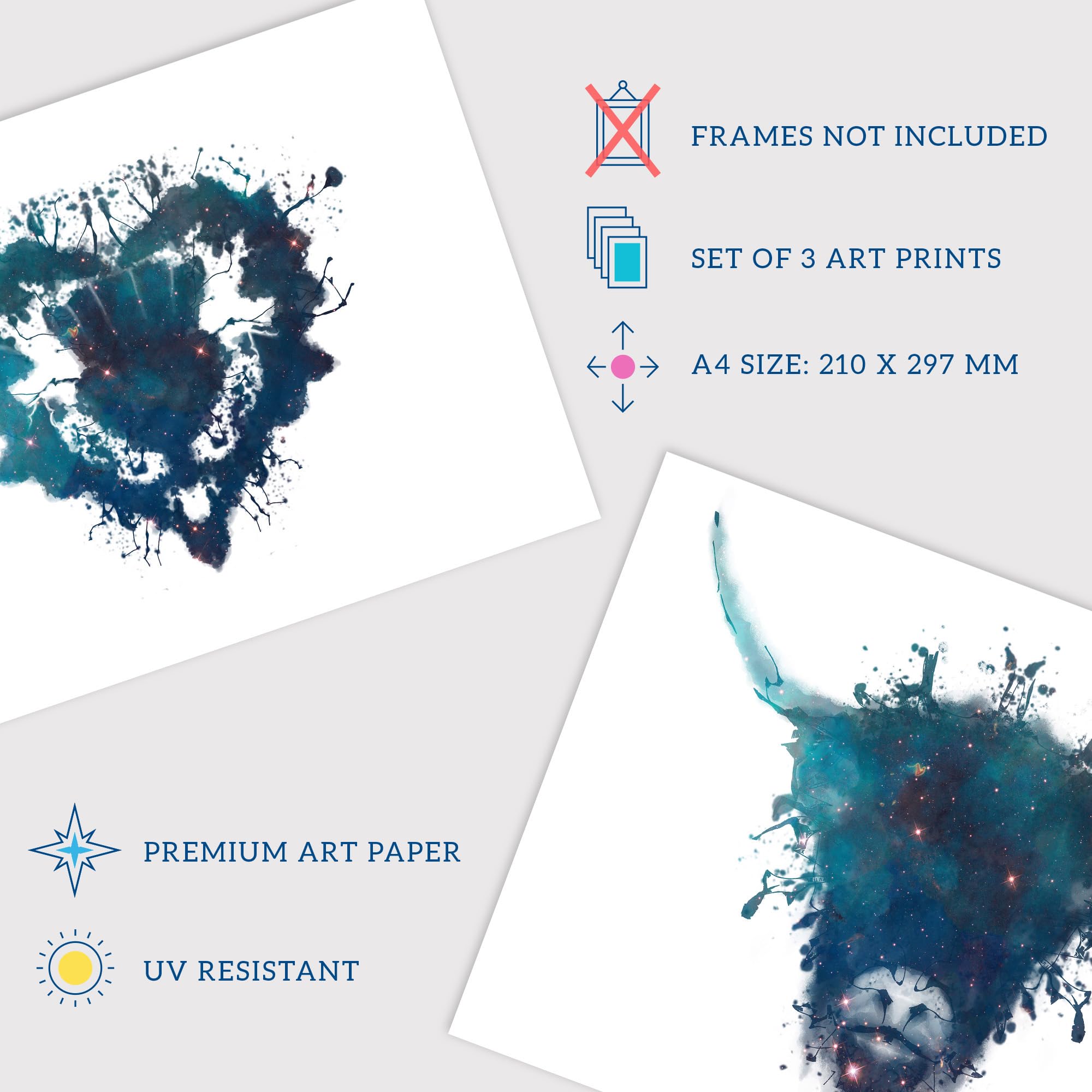 Wee Blue Coo Pack of 3 A4 Ink Splat Thistle Heart Flower Hairy Coo Cow and Stag Celestial Space Scottish Painting Unframed Wall Art Living Room Prints Set - Image 4