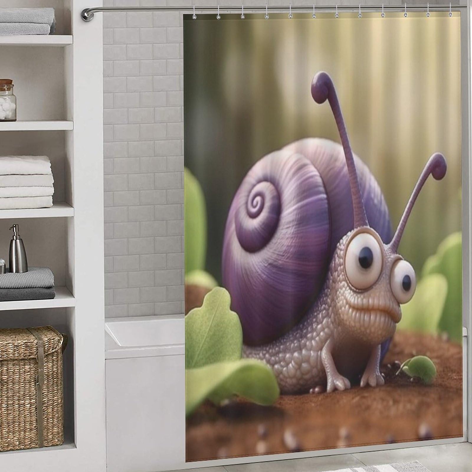 Rideau de douche escargots pour baignoire, ambiance nature et ludique dans votre salle d'eau