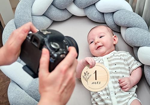 Miniatura 6 de Tarjetas españolas de hitos mensuales - Tarjetas de hitos mensuales para bebés, discos de madera de 1 a 12 meses de niño y niña recién nacido, 7