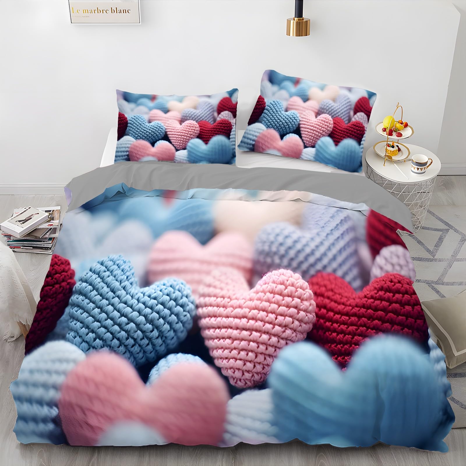 Szydełkowe zestawy poszewek na kołdrę w kształcie serca, dzianinowy dwustronny zestaw pościeli, 2 poszewki na poduszki 50 x 75 cm z zapięciem na zamek błyskawiczny