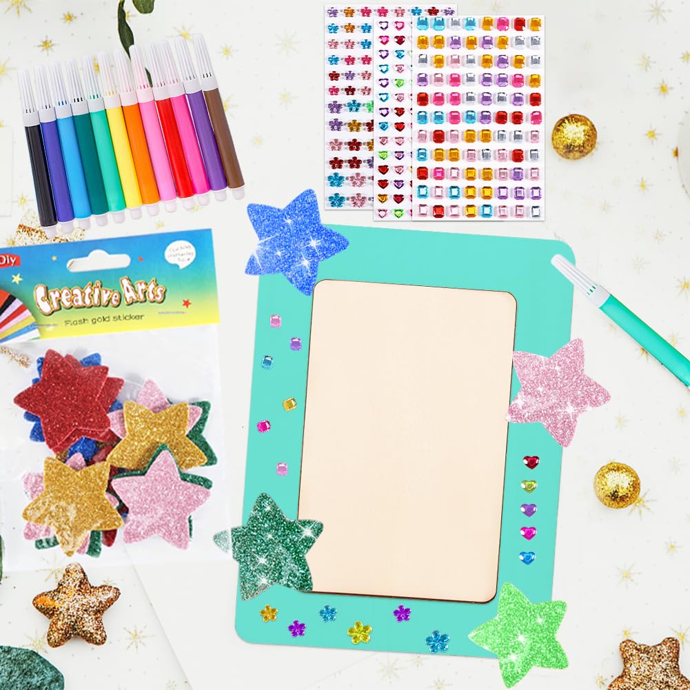 Set Cornici Fai Da Te Per Bambini - 4 Cornici In Legno, Pietre Glitterate, Adesivi E Pennelli A 12 Colori