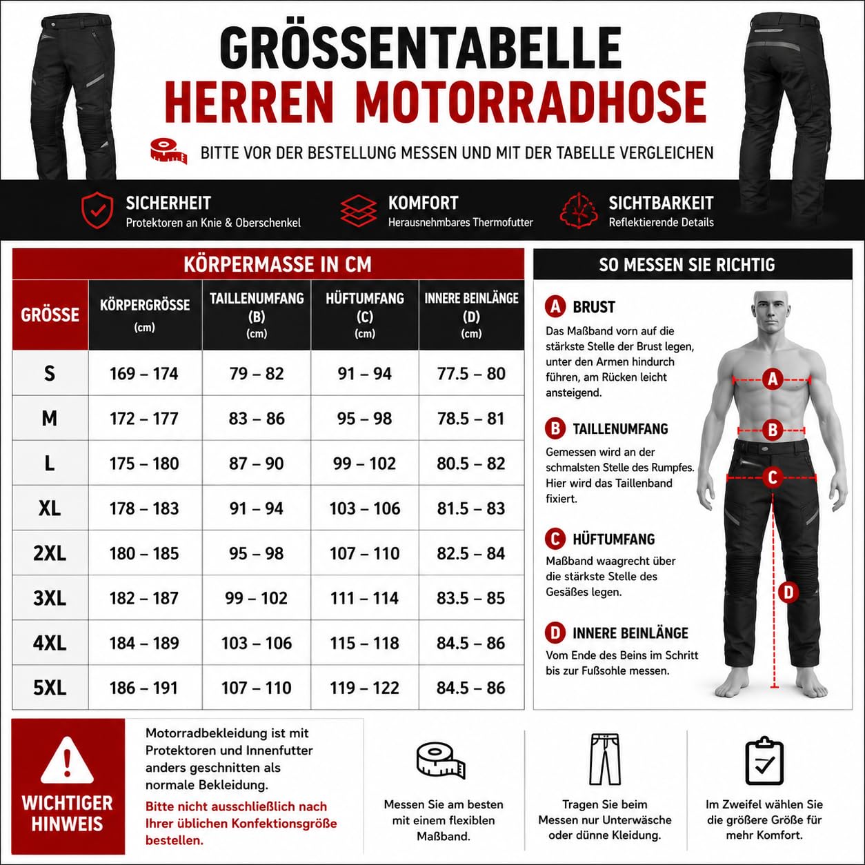 Pantalon de moto pour homme avec protections et réflecteurs – Textile Pantalon de moto pour l'été et l'hiver – L, noir 6066
