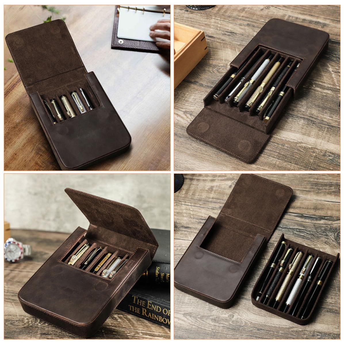 Hemobllo Pen Case, Single Pen Presentation Case, Scatola per 6 Penne, Cuoio, Coffee, Cassetto Magnetico, per Studenti, per Festival e Confezionamento