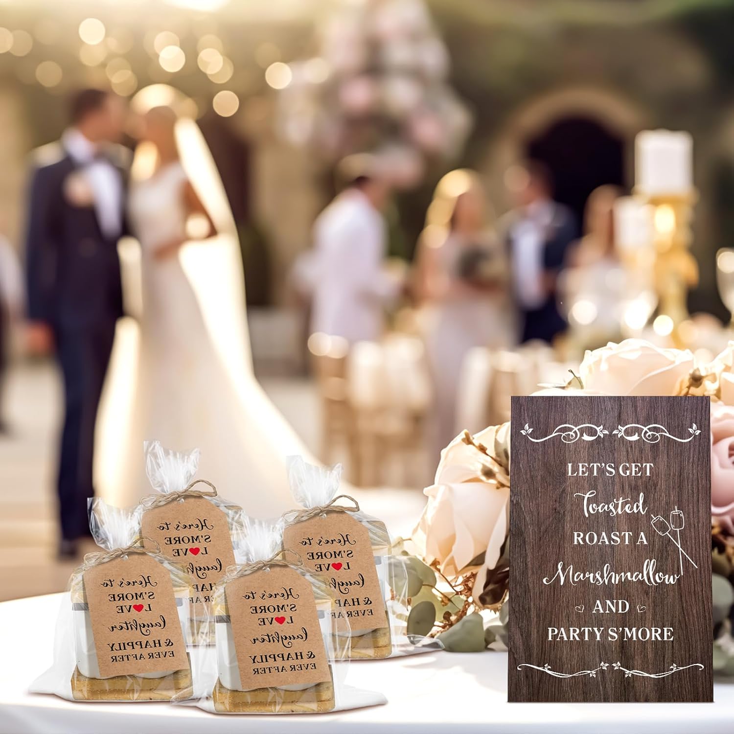 Moinchore 100 Sets Smores Wedding Favors Including 100 Clear Cellophane Smore Bags 100 Paper Insert S'more Love Tags Desktop Stand and 32.81 ft Twine for Wedding Baby Shower Party Favors (Rustic)