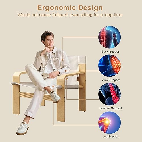 Miniatura 6 de Ball & Cast Silla decorativa con reposabrazos anchos, sillas de sala de estar de mediados de siglo con sillón de tela de lino y marco de madera de