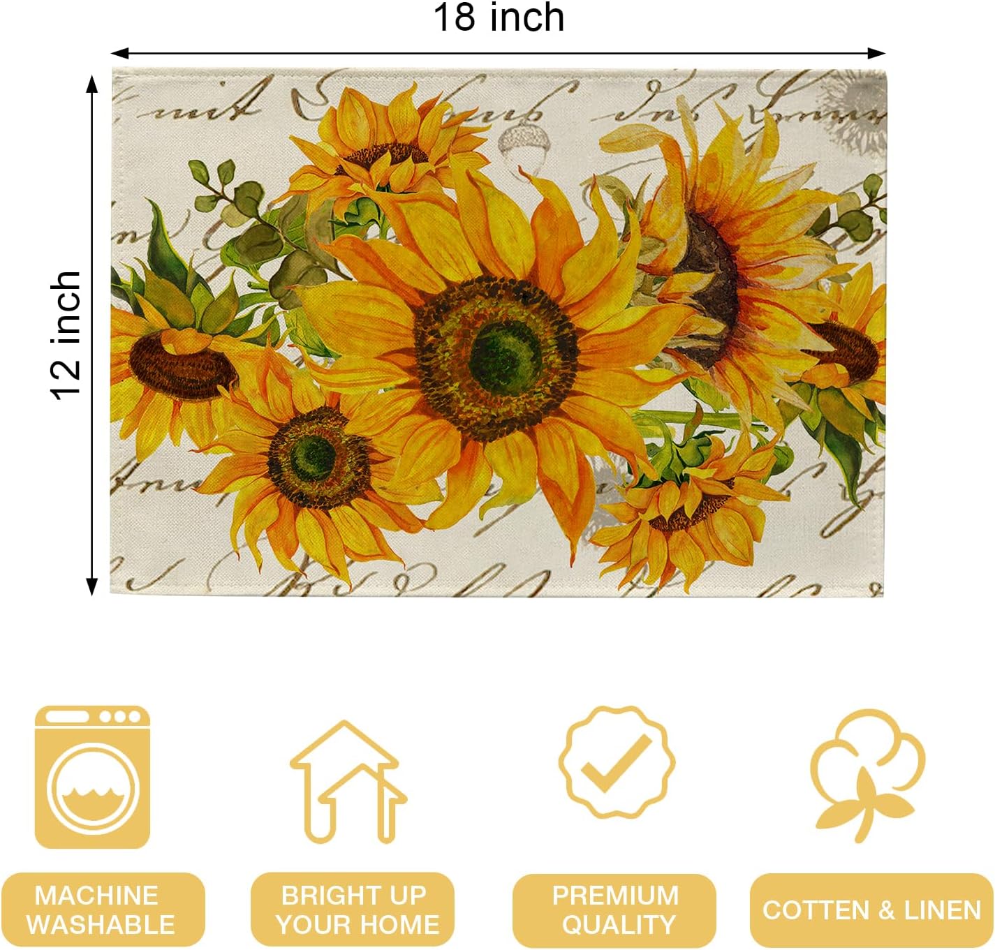 Seliem Fall Sunflower Placemats Set of 4, Spring Summer Yellow Floral Flowers Rustic Vintage Dining Table Place Mats, Eucalyptus Leaves Seasonal Kitchen Decor Home Decoration 12 x 18 Inch