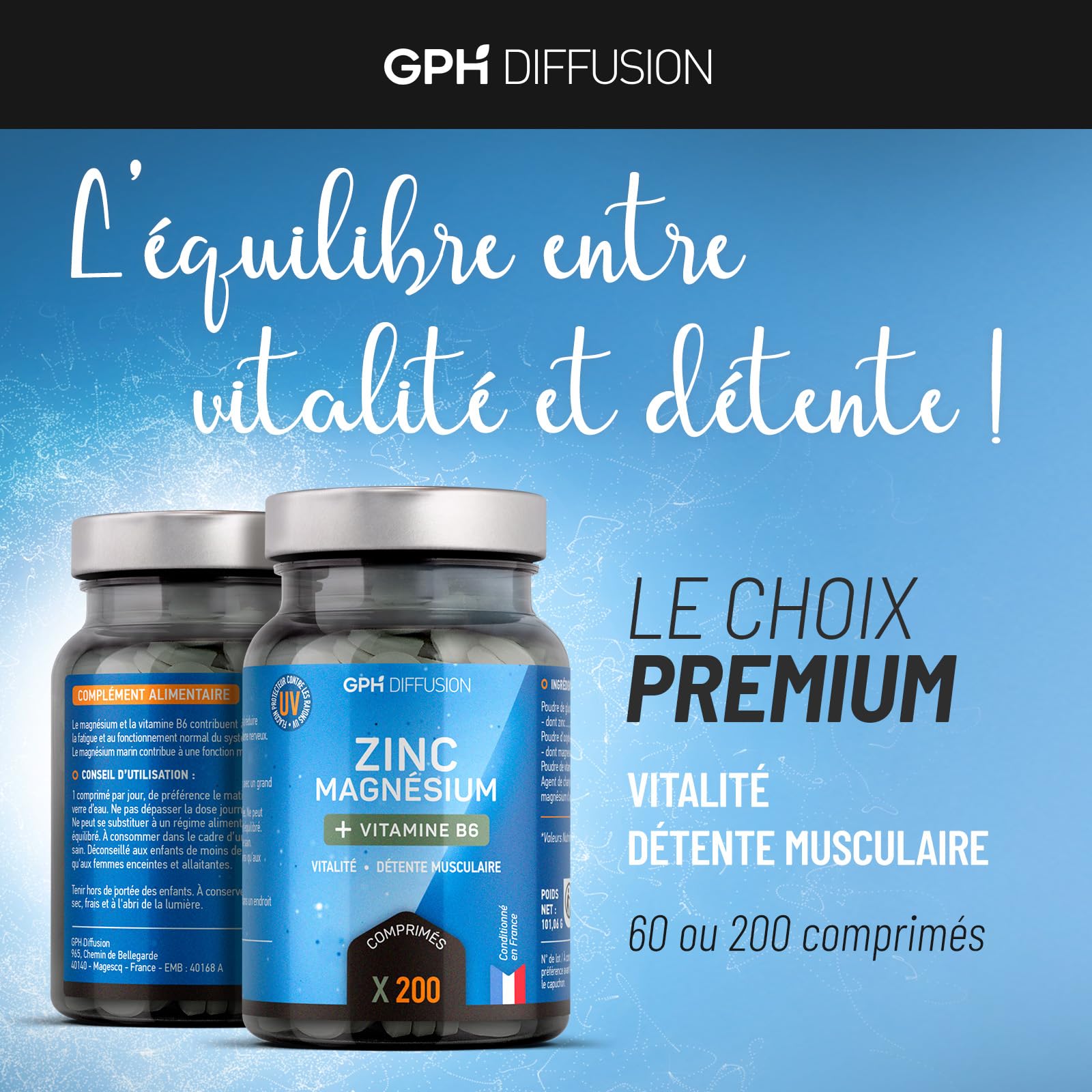 Magnésium marin + Zinc + B6-200 Comprimés - Vitalité - Détente Musculaire - GPH DIFFUSION (Lot de 4)