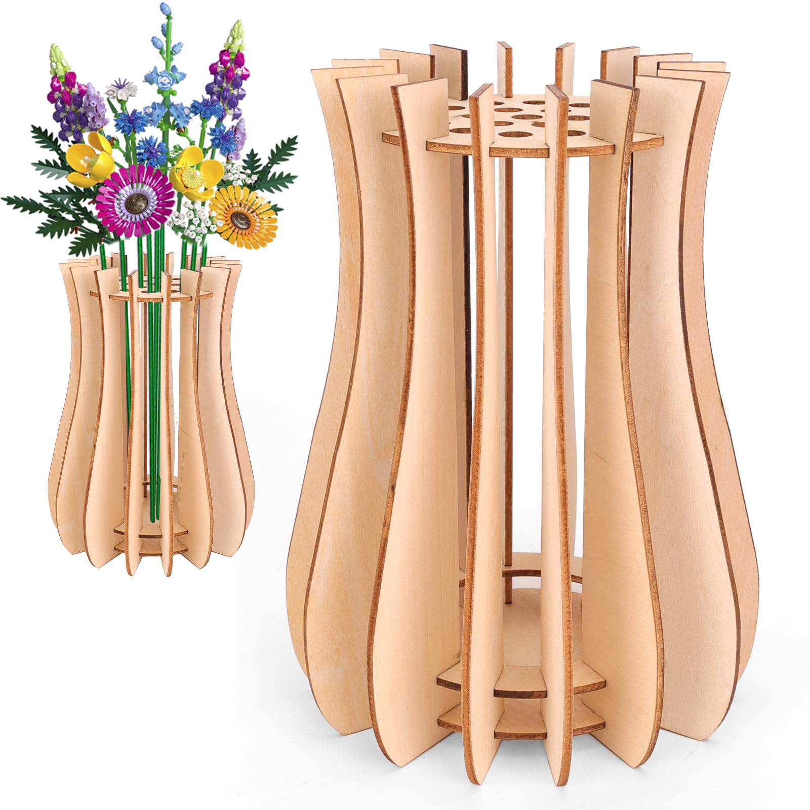 Kaempe Jarrón de madera compatible con ramo de flores Lego, jarrón de rompecabezas de madera 3D para Lego Botanicals, narcisos, girasoles, rosas, flor de cerezo, tulipanes, loto (estilo 3)