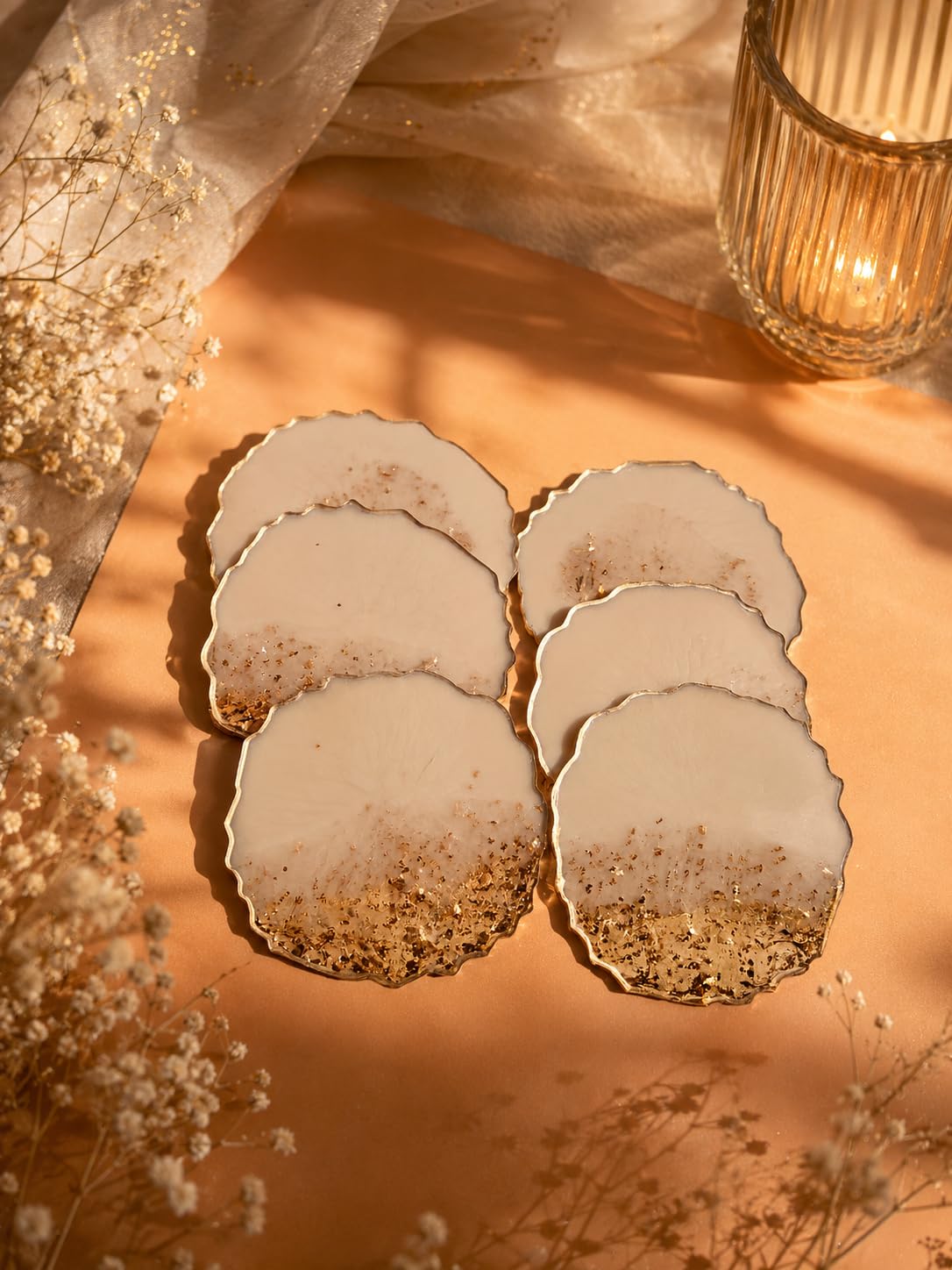 Premium Resin Coaster Set of 6 | White & Gold Glitter Tea Cup Coasters | Heat Resistant Table Coasters for Dining Table, Office & Home Decor-image-14