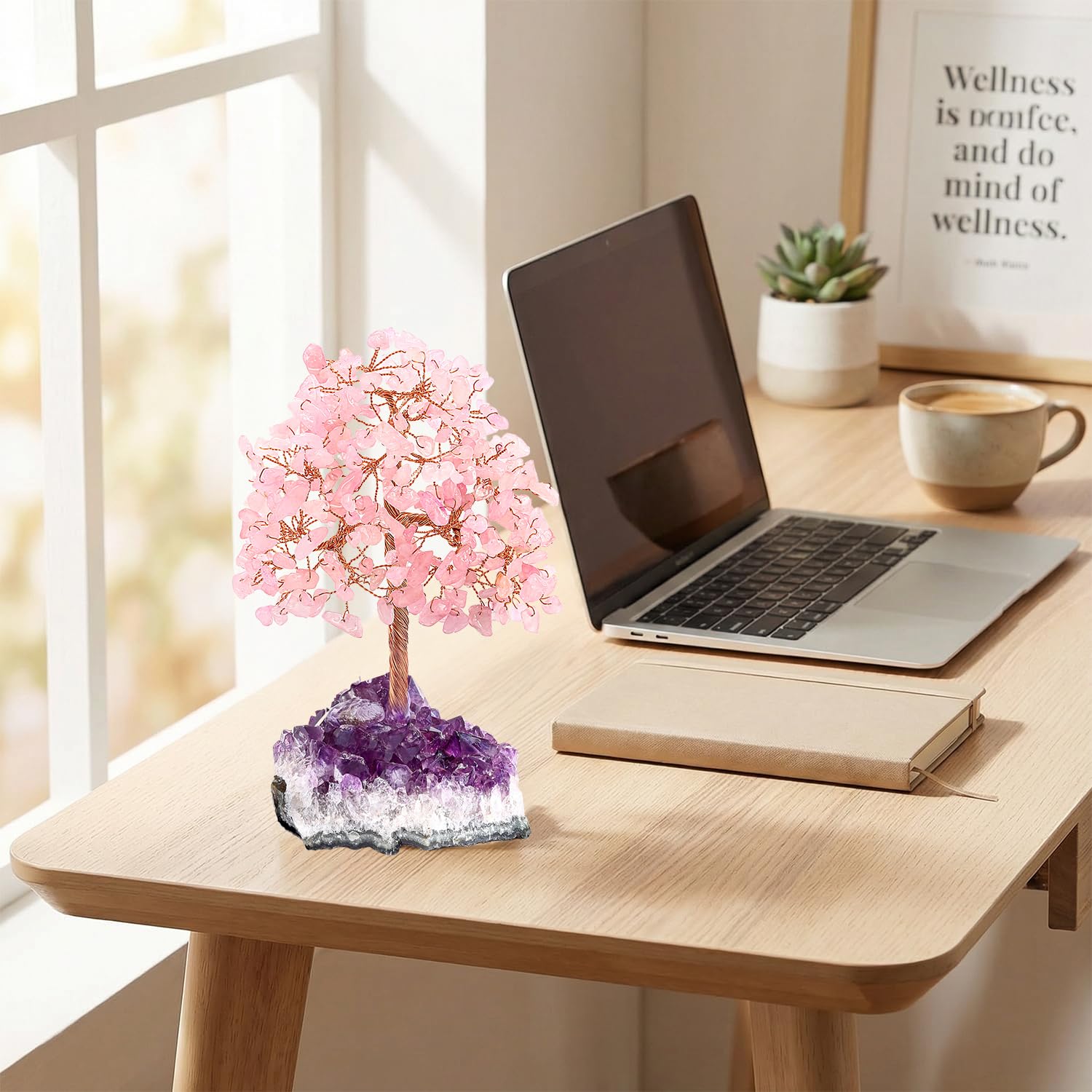 Crystal Tree - Albero dei soldi con ametista, decorazione da scrivania con albero della vita viola, accessori per ufficio zen, regalo di compleanno unico per donne, arte con cristalli di