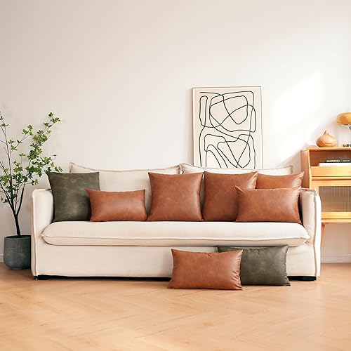 Miniatura 7 de Juego de 2 fundas de almohada decorativas de piel sintética de color verde oliva, 24 x 24 pulgadas, fundas de almohada modernas de estilo bohemio